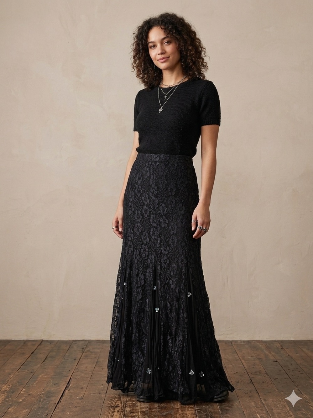 Vintage Lola P Black Floral Lace Maxi Skirt | Sequin & Beaded Hem | Size L